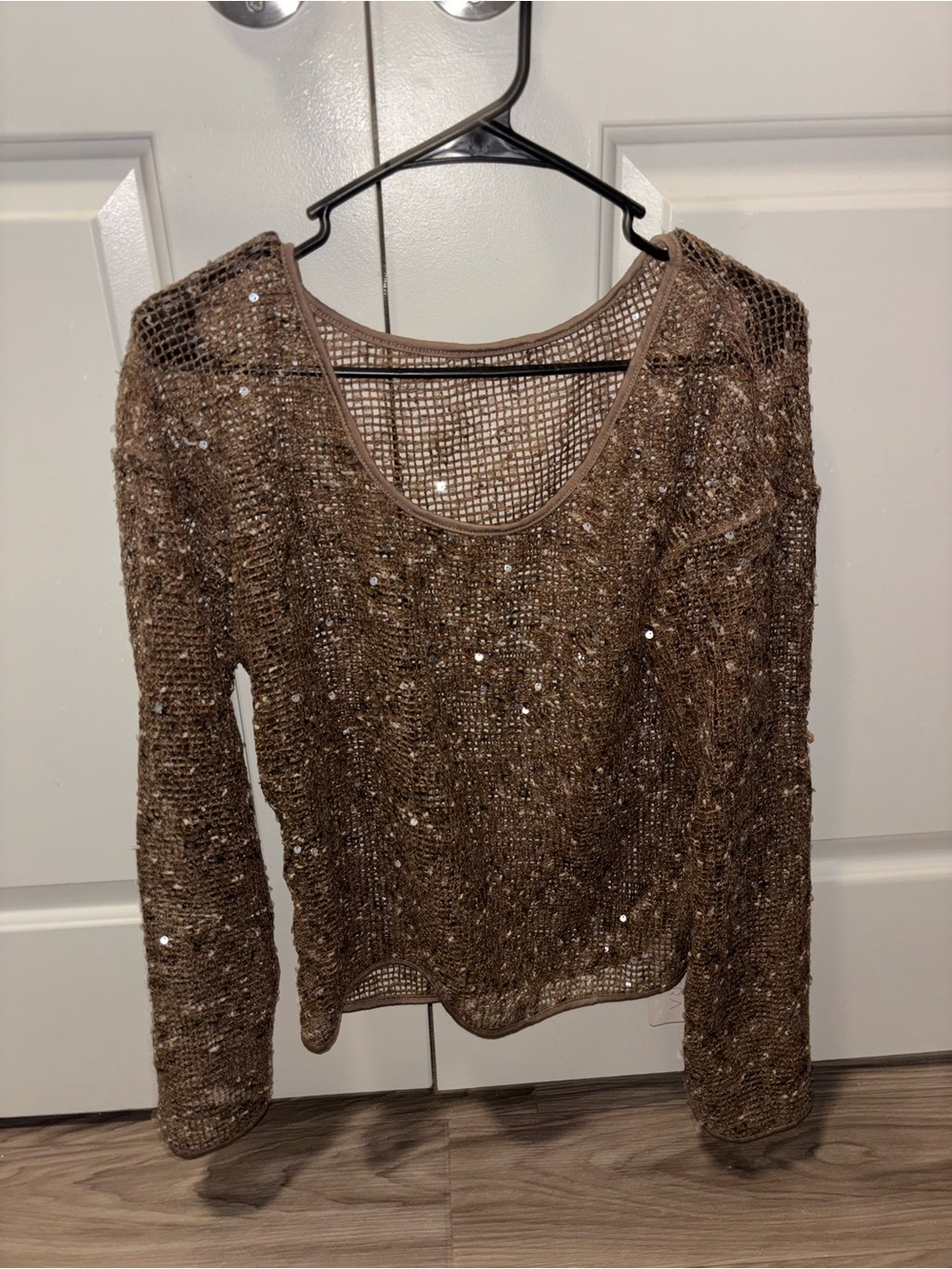 NWT Musera Brown Sequin Open-Knit Long Sleeve Sweater